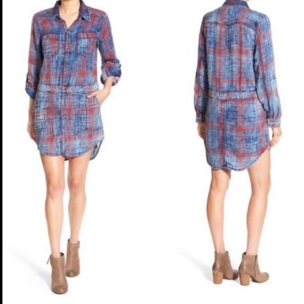 Blanknyc Red & Blue Plaid Button Front Long Sleeve Shirt Dress Size XS
